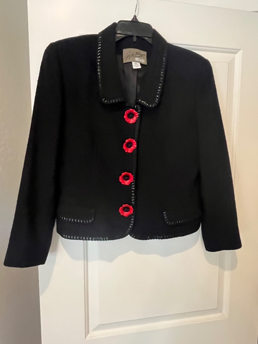 Vtg Rickie Freeman TJ Suits Black Wool Jacket 3D Red Poppy Saks Jandel Sz 10